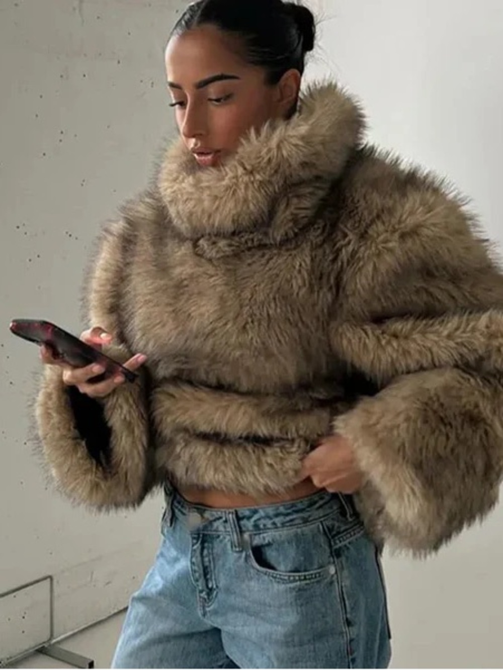 Brown Faux Fur High Neck Sweater